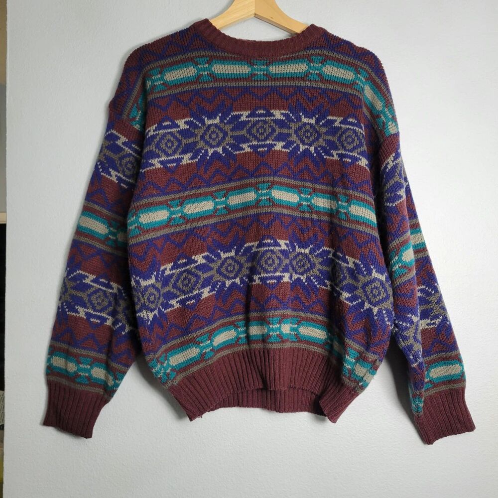 Vtg 90s Melange Knit Sweater Mens M Fair Isle Geometric Grandpa Coogi Style